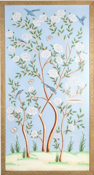 Peinture murale chinoise en forme de cage à oiseaux en bleu pâle